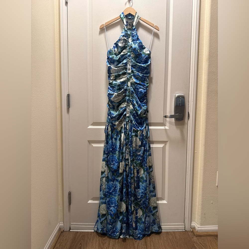 Sonya Moda Nawal Stretch Silk Blue Floral Halter Maxi Dress - size S NWT - Picture 3 of 5